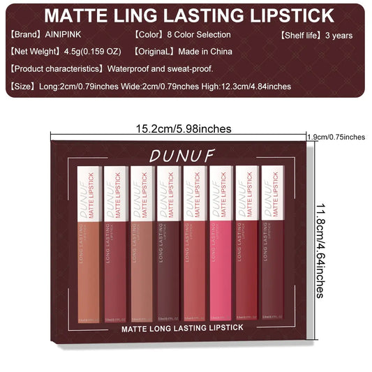 DUNUF 8Pcs Matte Waterproof Long-Lasting Lipstick & Lipgloss Set, Sweatproof Non-Stick Cup Easy Color High-End Women'S Makeup Cosmetics
