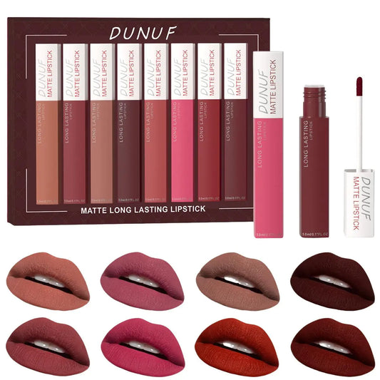 DUNUF 8Pcs Matte Waterproof Long-Lasting Lipstick & Lipgloss Set, Sweatproof Non-Stick Cup Easy Color High-End Women'S Makeup Cosmetics